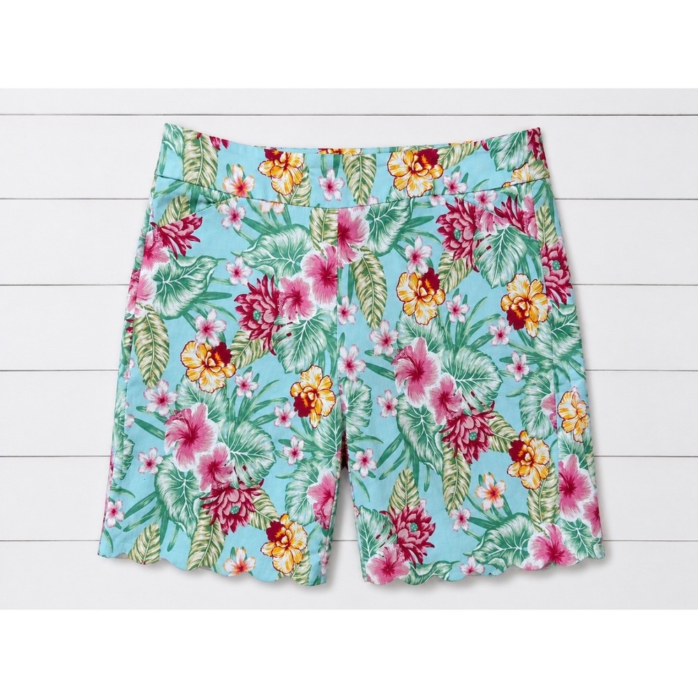 Coral Bay Petite Tropical Floral Scallop Hem Shorts Blue Pink Yellow 12P Stretch